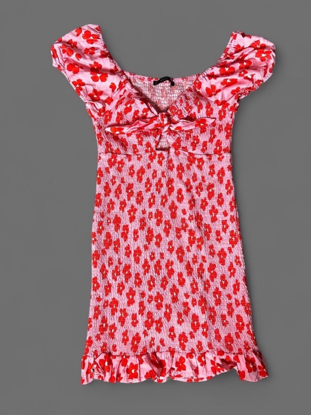 Floral Puff-Sleeve Smocked Mini Dress in Pink and Red